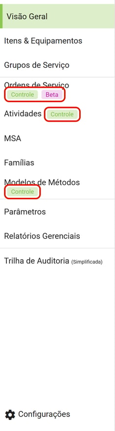 Selos controle e beta no menu