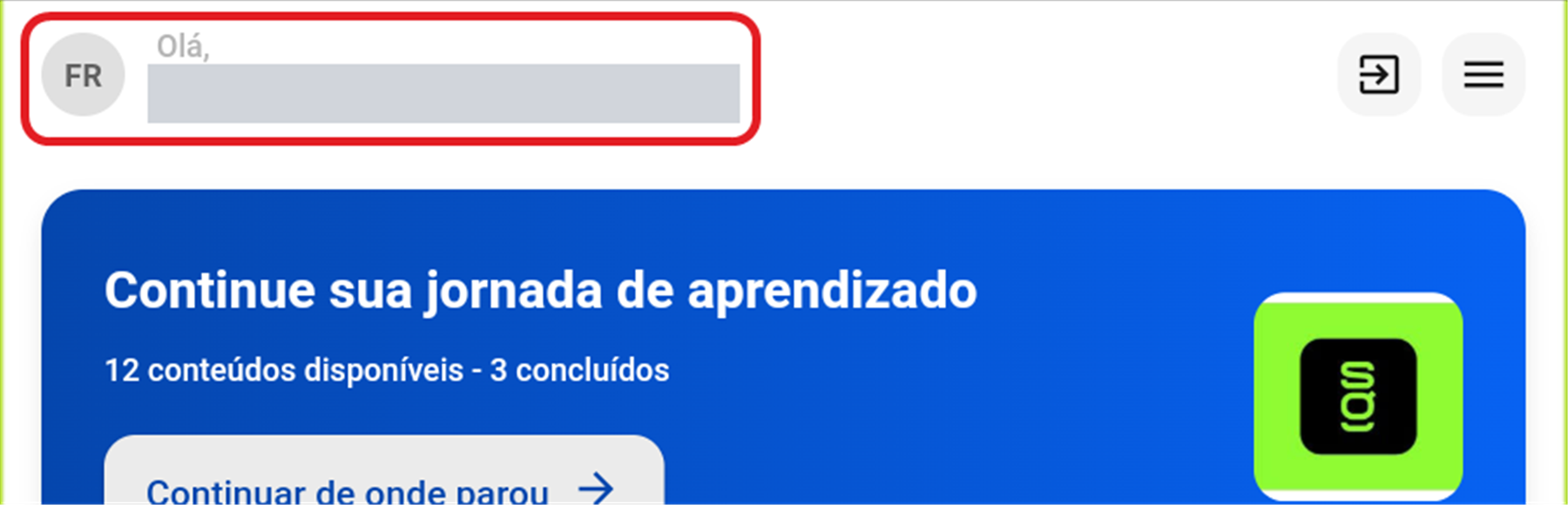 Tela inicial do app com o nome do usuário no topo