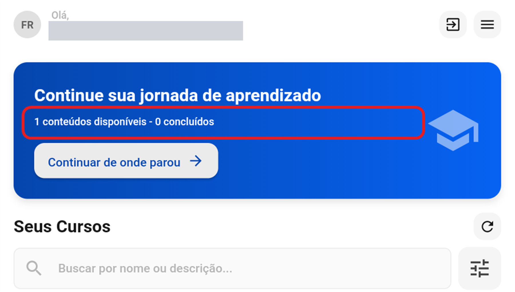 Tela inicial recarregada com os conteúdos da nova unidade