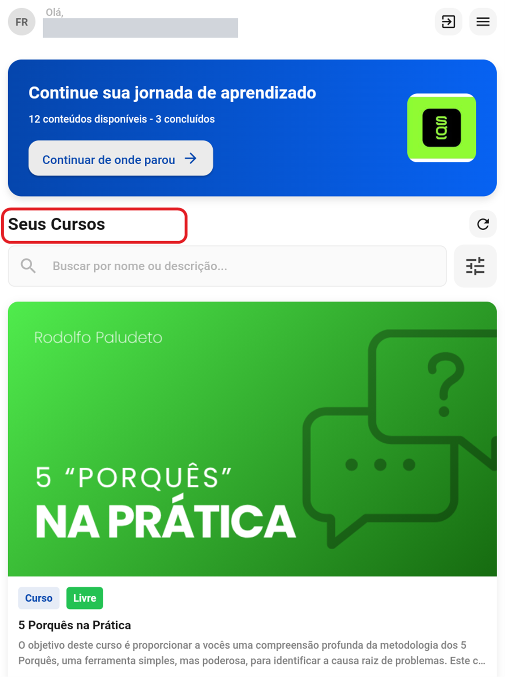 Tela inicial do app com a seção Seus Cursos
