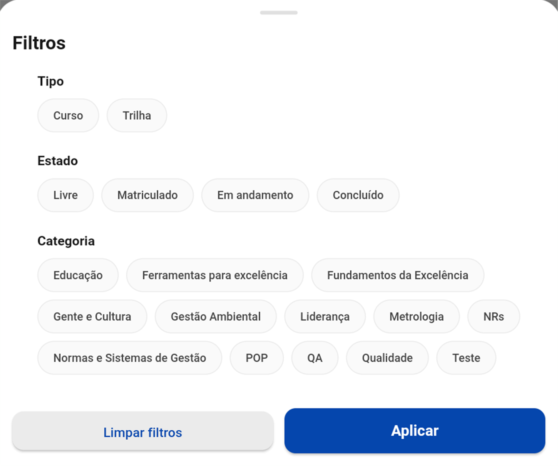 Painel de filtros do Catálogo com os grupos Tipo, Estado e Categoria