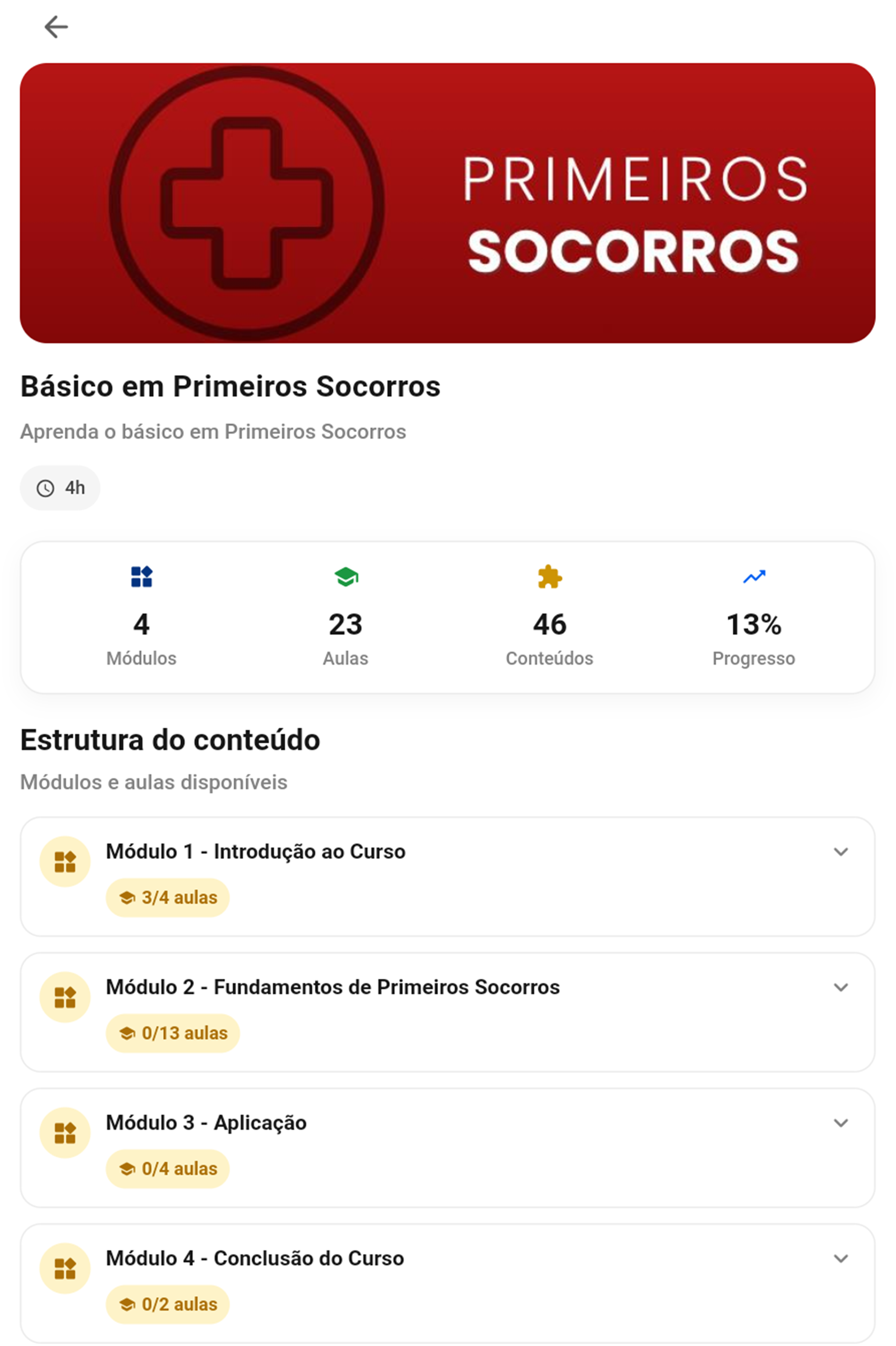 Página do curso com a estrutura de módulos e aulas