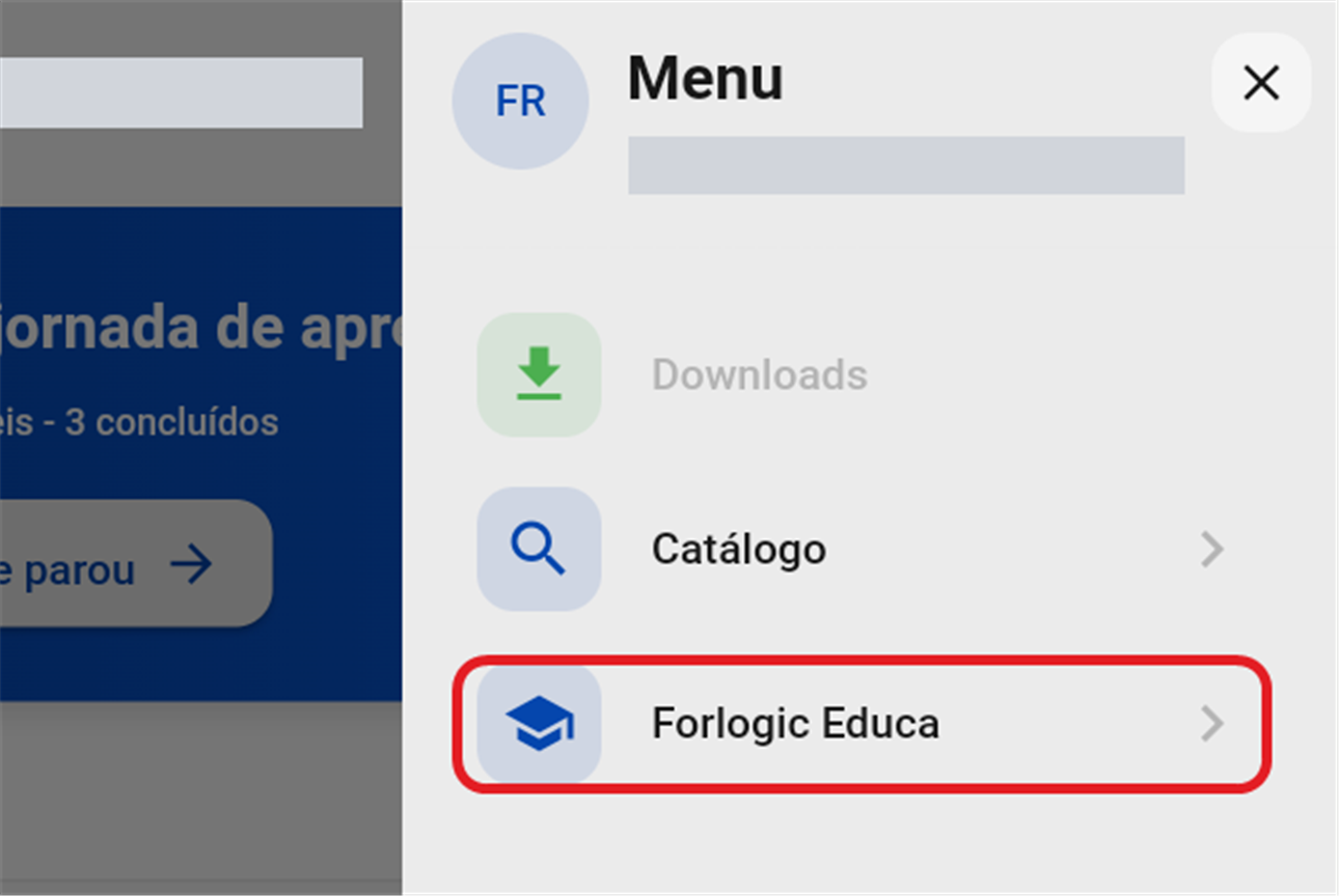 Menu do app com o item Forlogic Educa