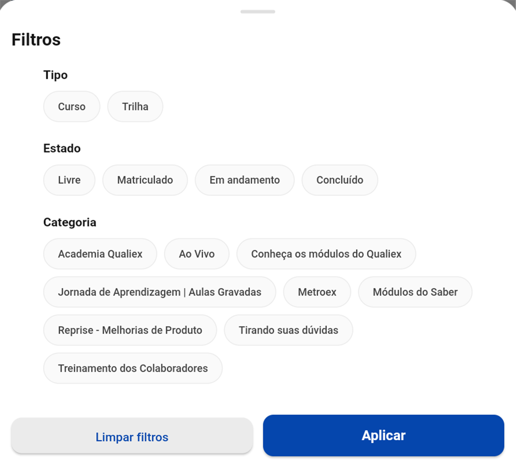 Painel de filtros do Forlogic Educa
