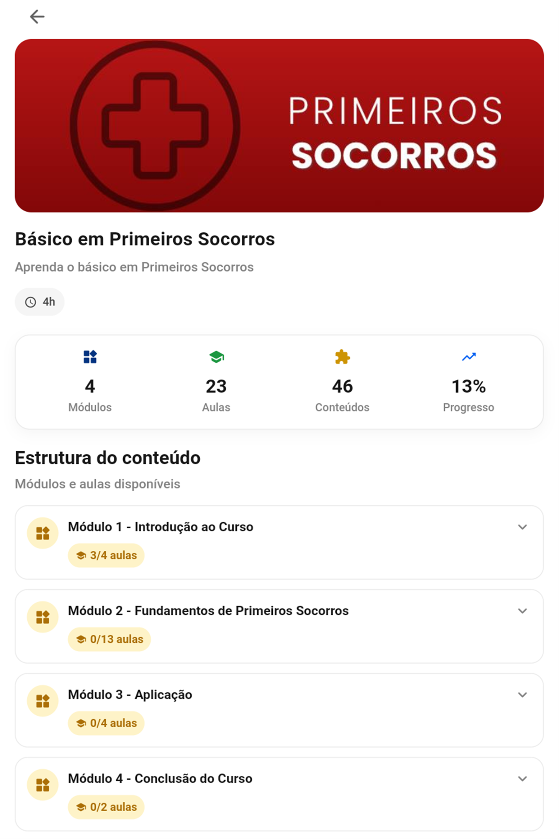 Página do curso com capa, carga horária e estatísticas