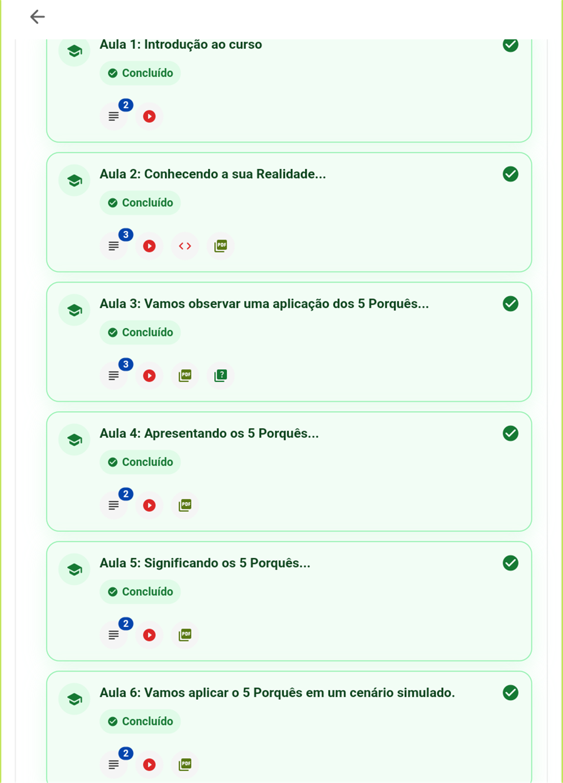 Módulo expandido mostrando as aulas e os ícones de tipo de conteúdo