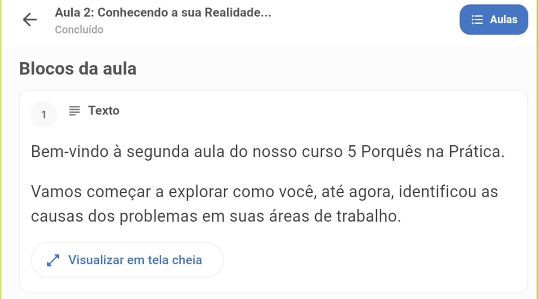 Aula aberta com os blocos de conteúdo em sequência