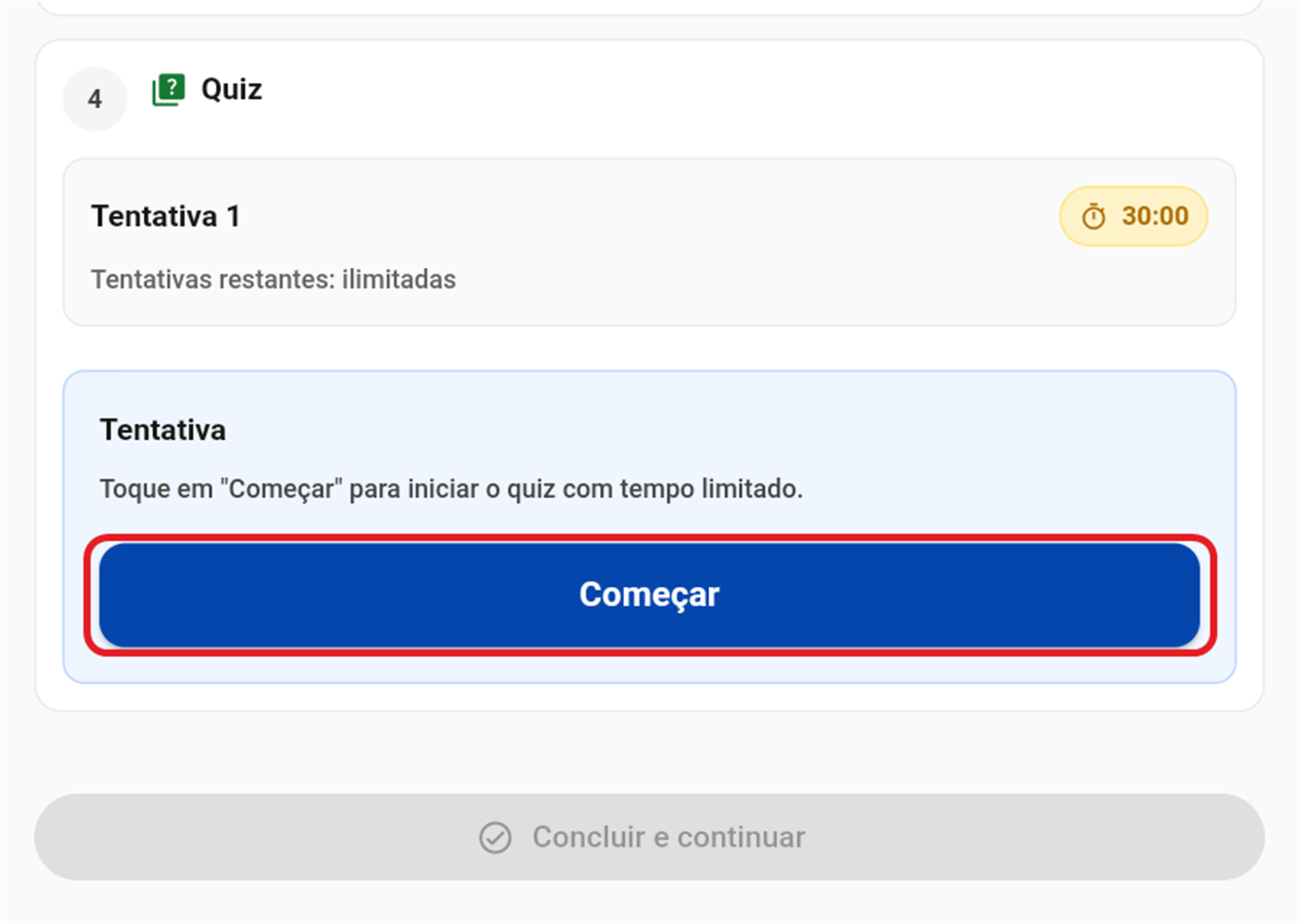 Bloco de quiz antes de iniciar, com tempo e tentativas