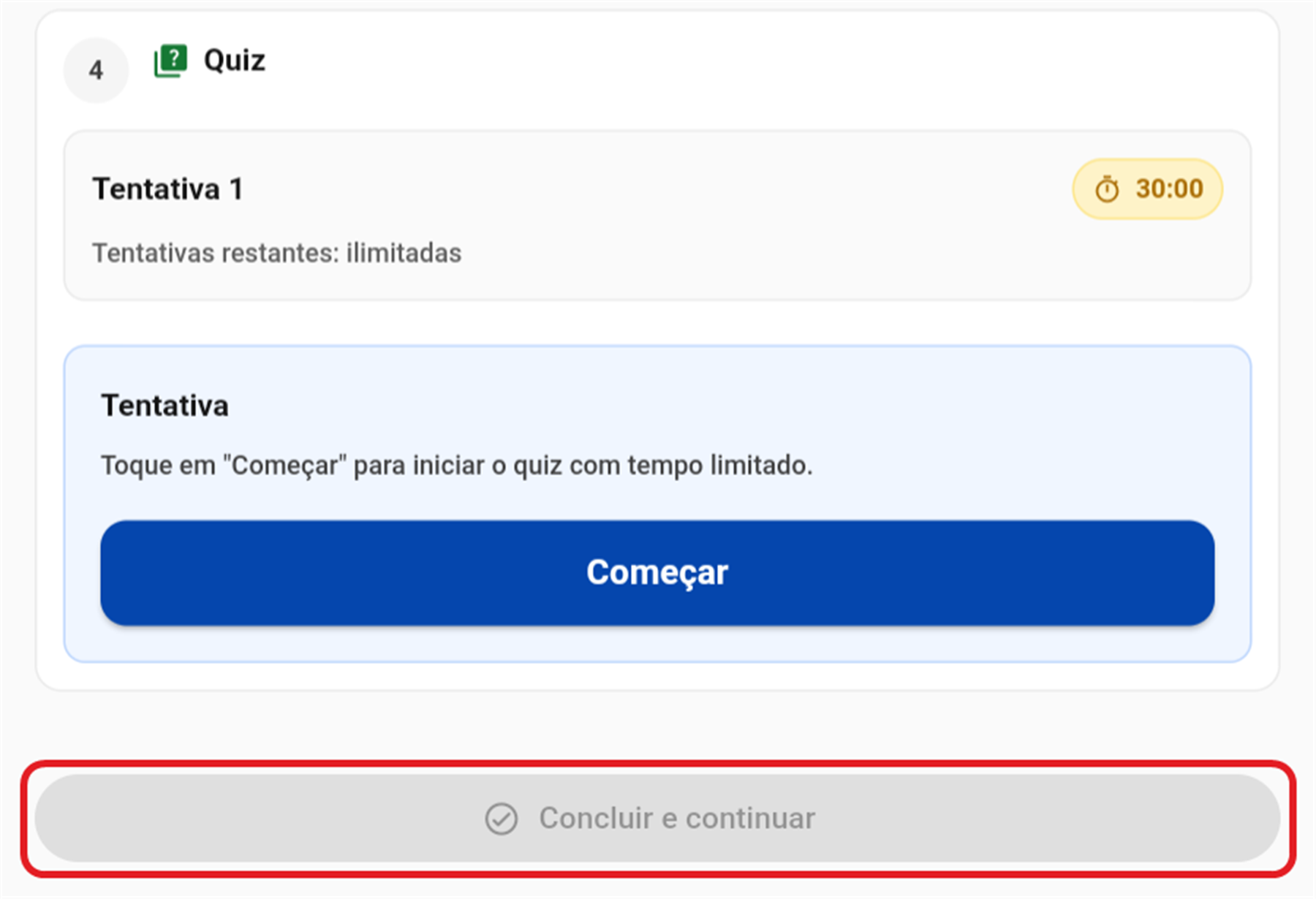 Botão Concluir e continuar desabilitado no rodapé da aula