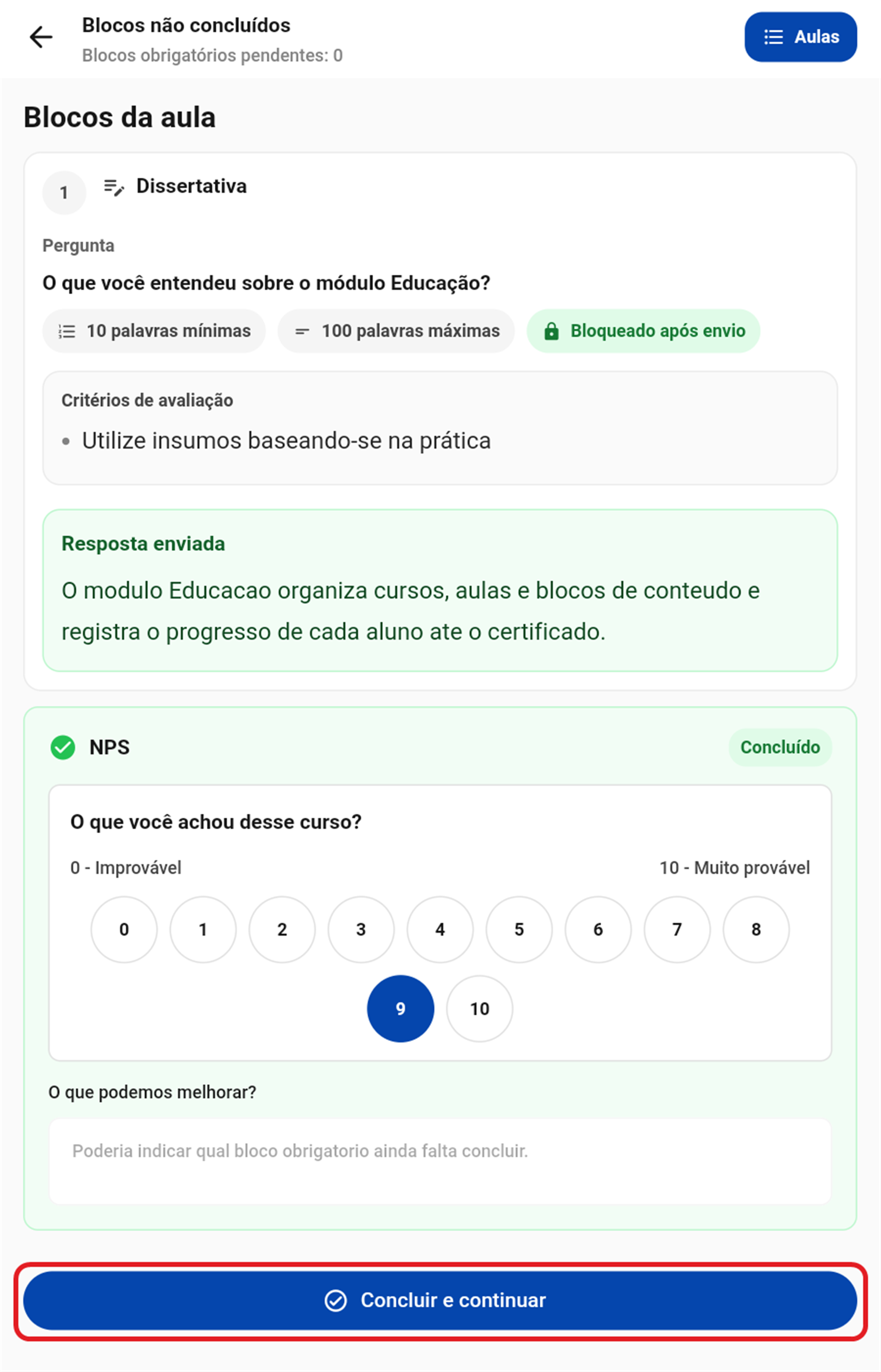 Cabeçalho com contador zerado e botão de concluir habilitado