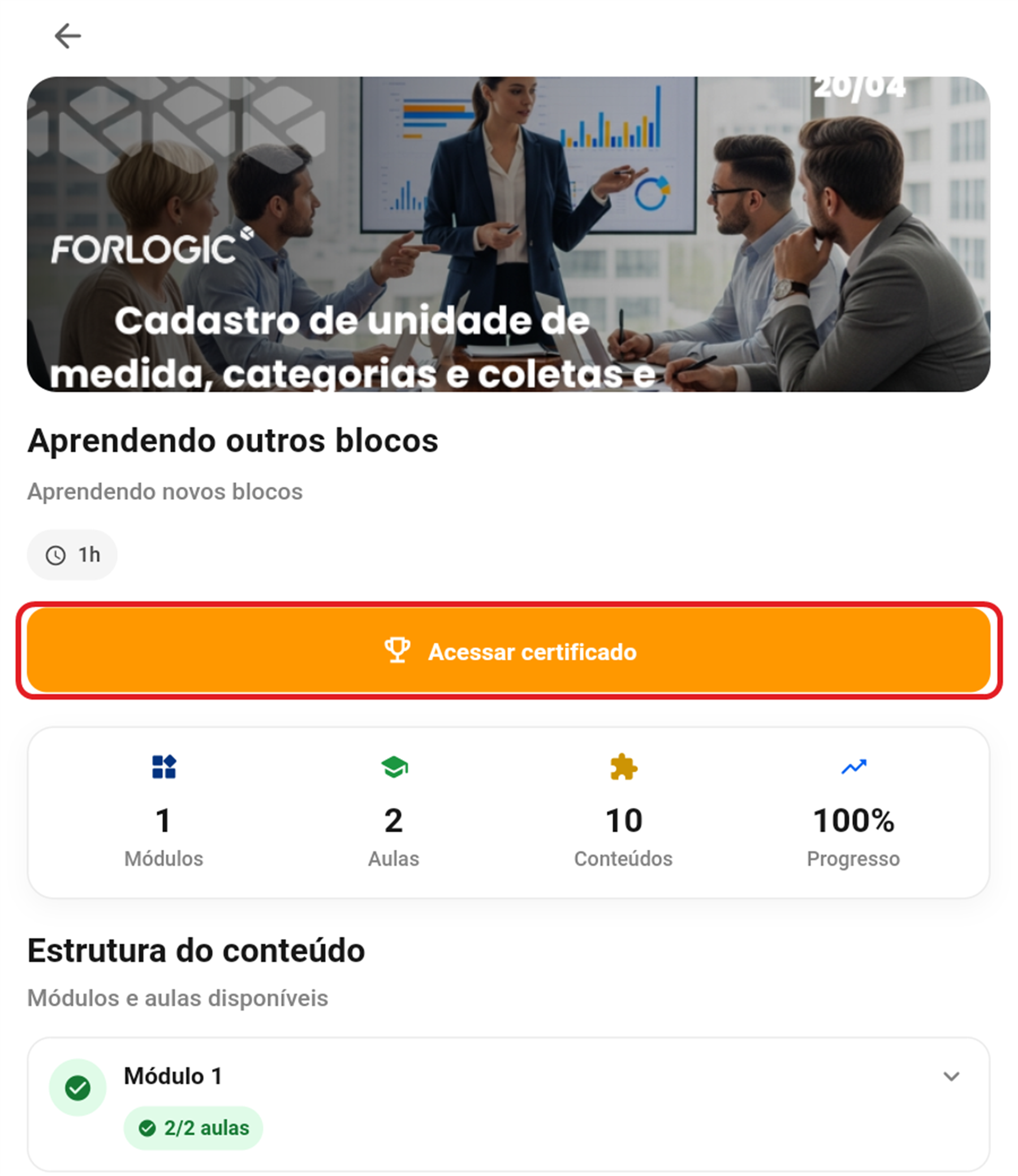 Página do curso a 100% com o botão Acessar certificado