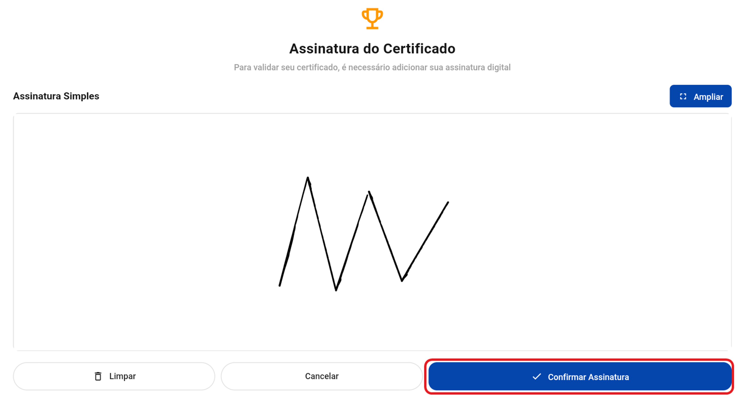 Tela de assinatura do certificado com o canvas de desenho