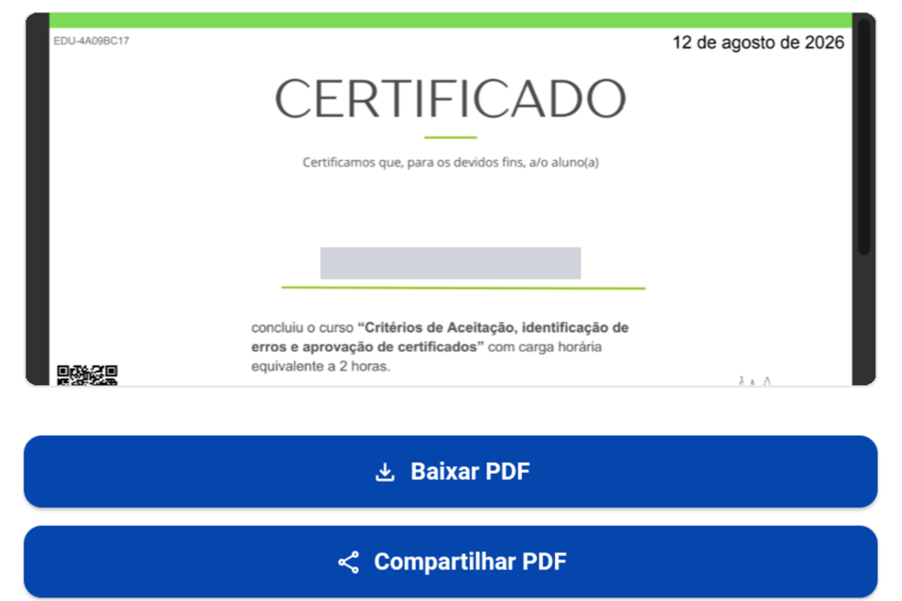 Certificado emitido com as opções de baixar e compartilhar