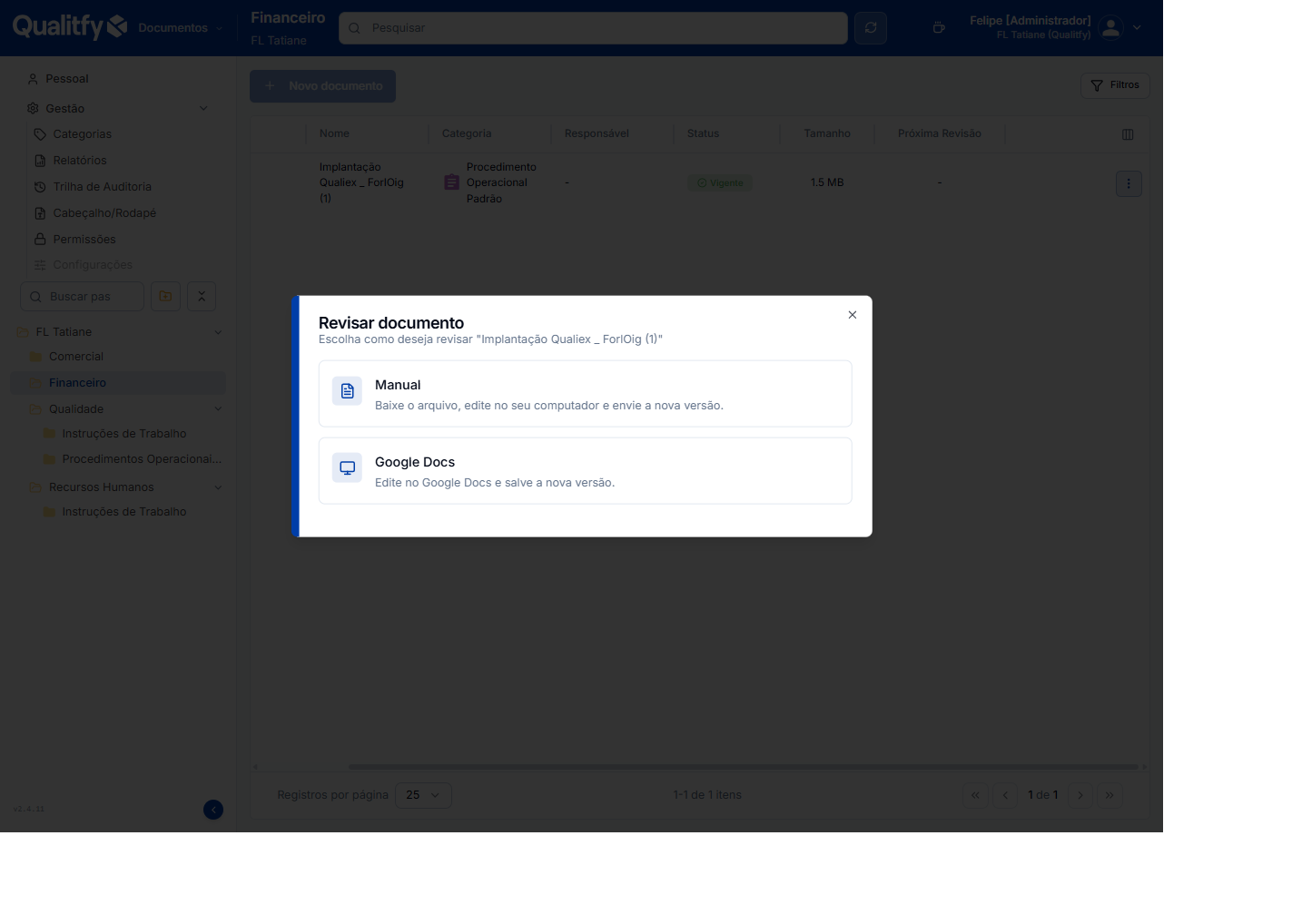 Janela "Revisar documento" no Qualitfy, com as opções "Manual" e "Google Docs" (igual ao Qualiex).