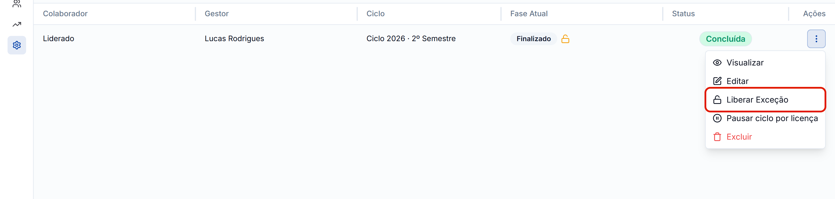 Menu de acoes da avaliacao