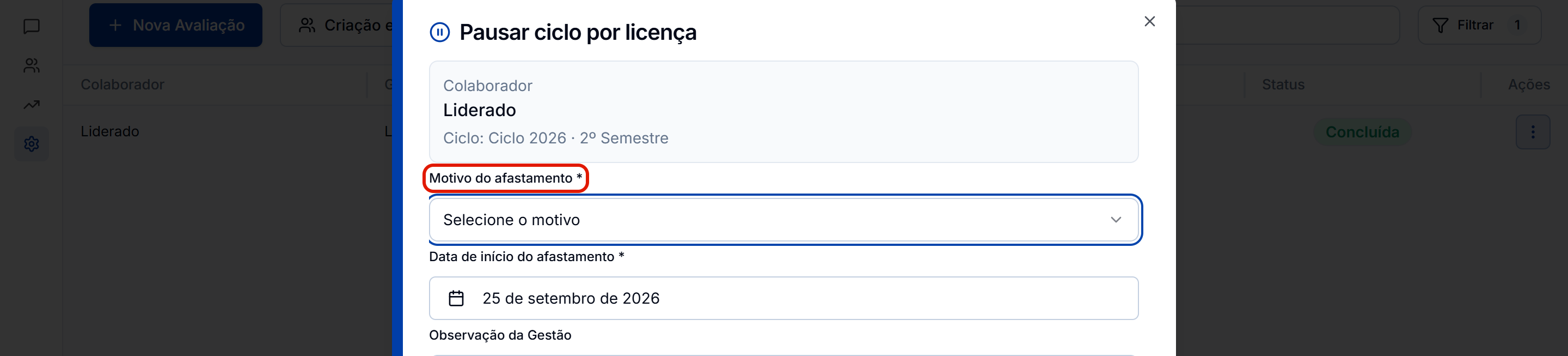 Passo 1 motivo do afastamento