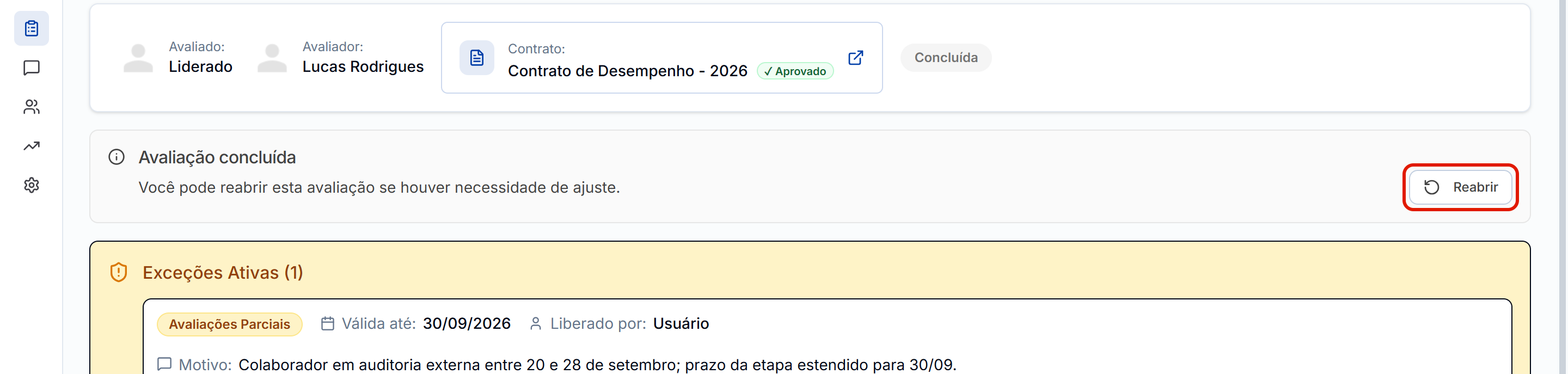 Avaliacao concluida com o botao reabrir