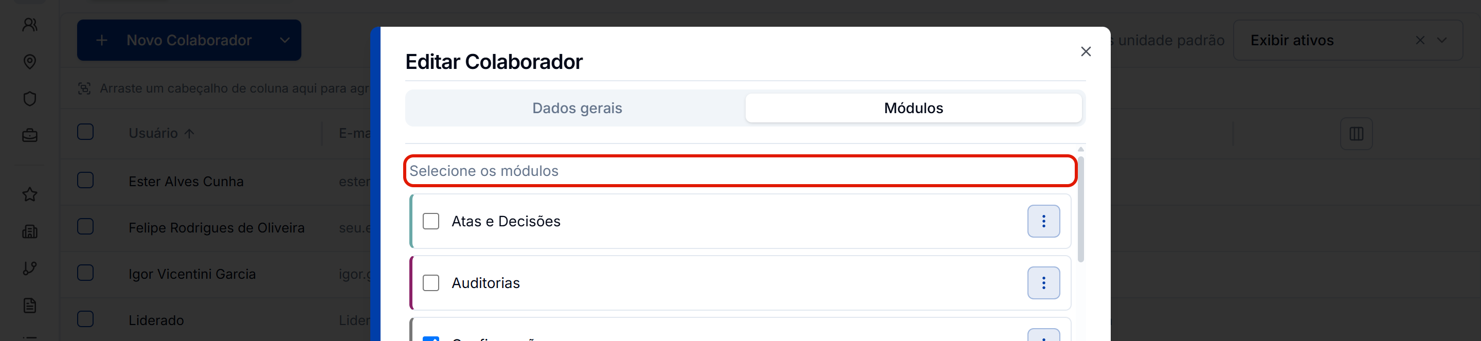 Aba modulos com o selo saber