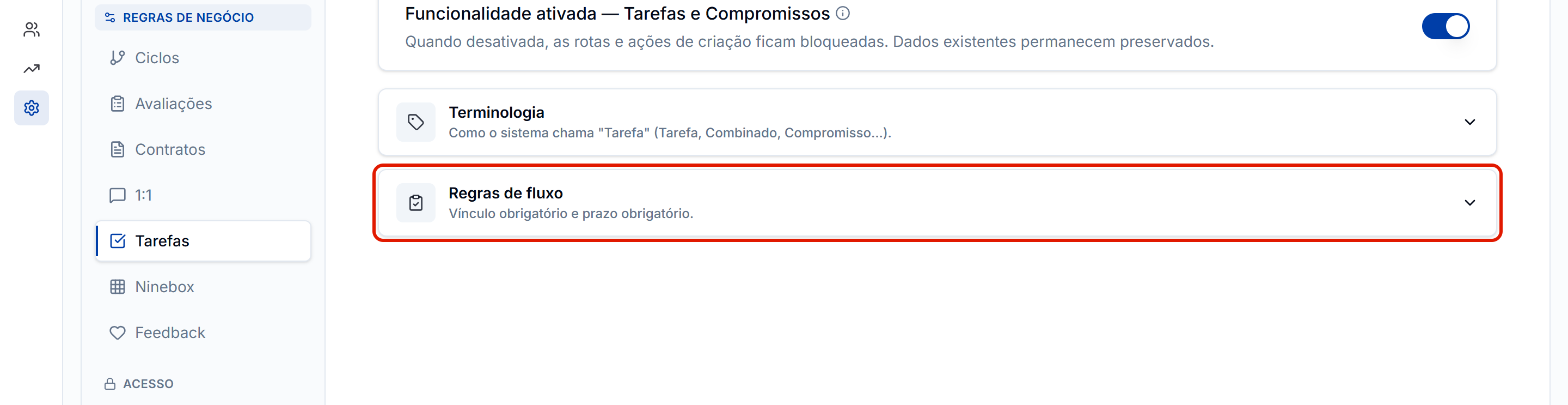 Parametrizacao tarefas funcionalidade e regras