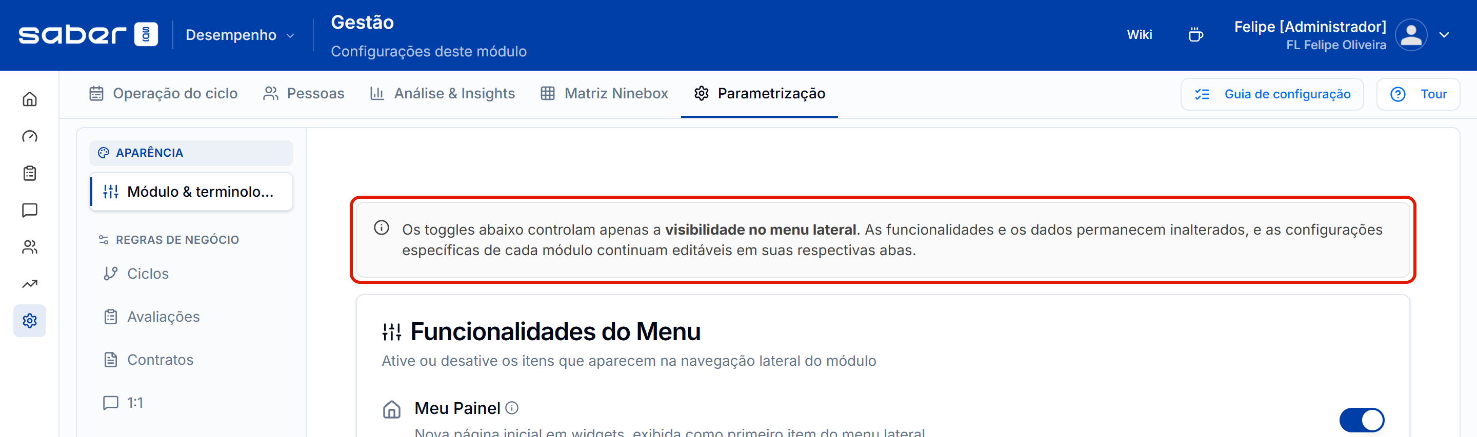 Aviso de que os toggles sao so visibilidade