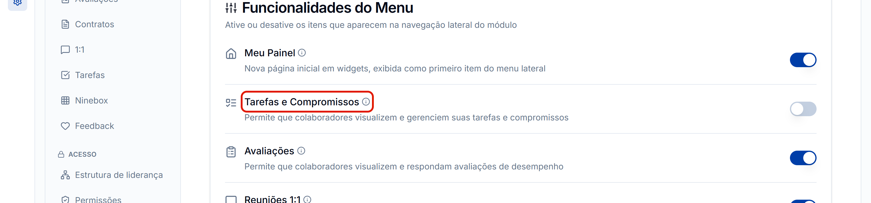 Interruptor de tarefas e compromissos desligado