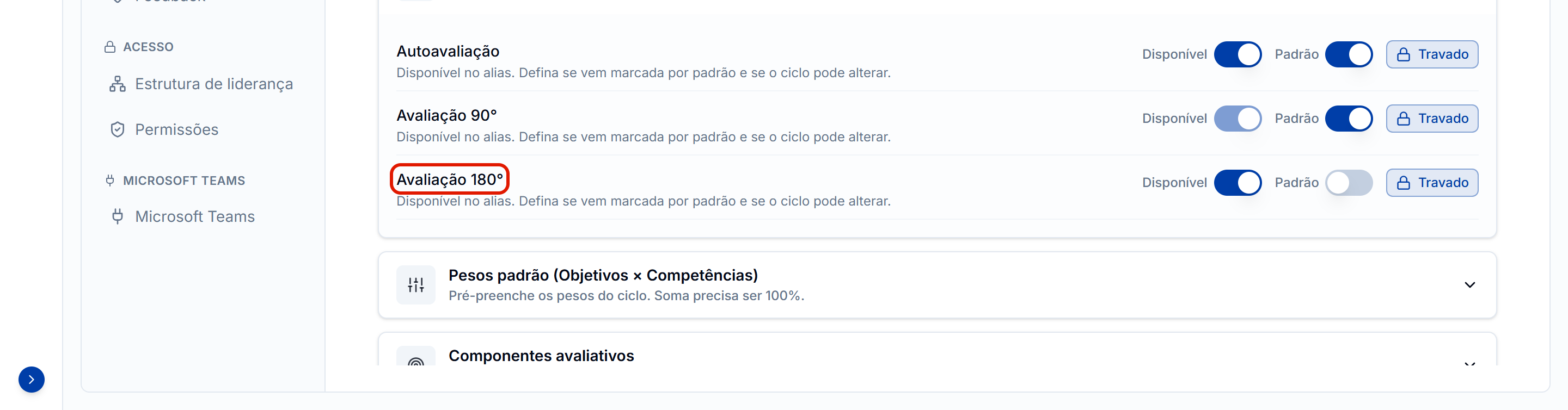 Metodologias de avaliacao disponivel padrao travado