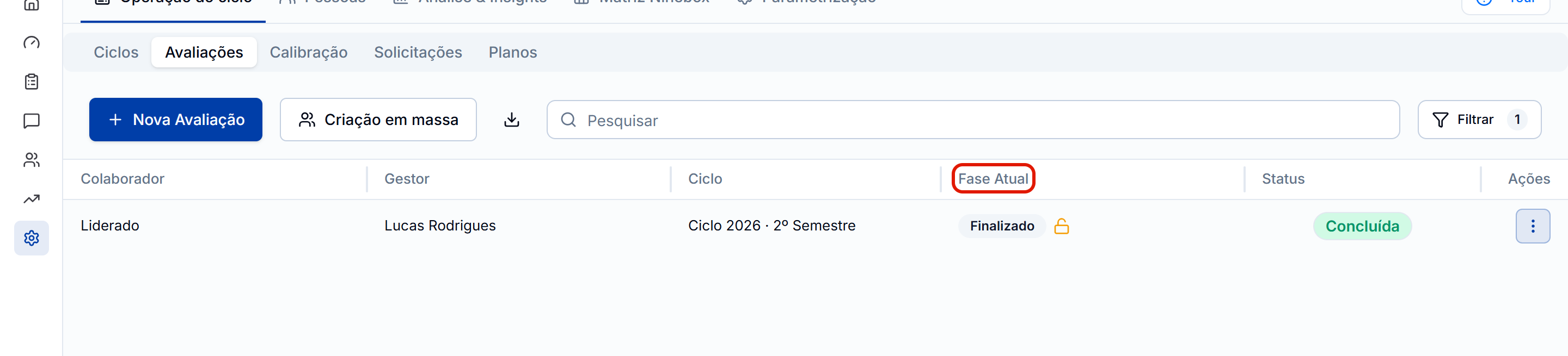 Grade de avaliacoes do ciclo