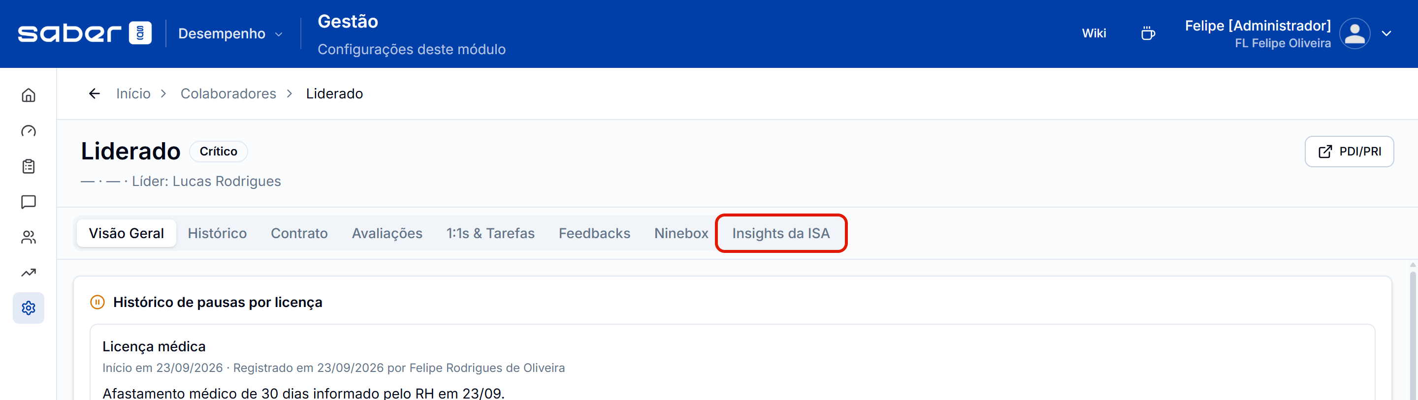 Pagina do colaborador com as oito abas