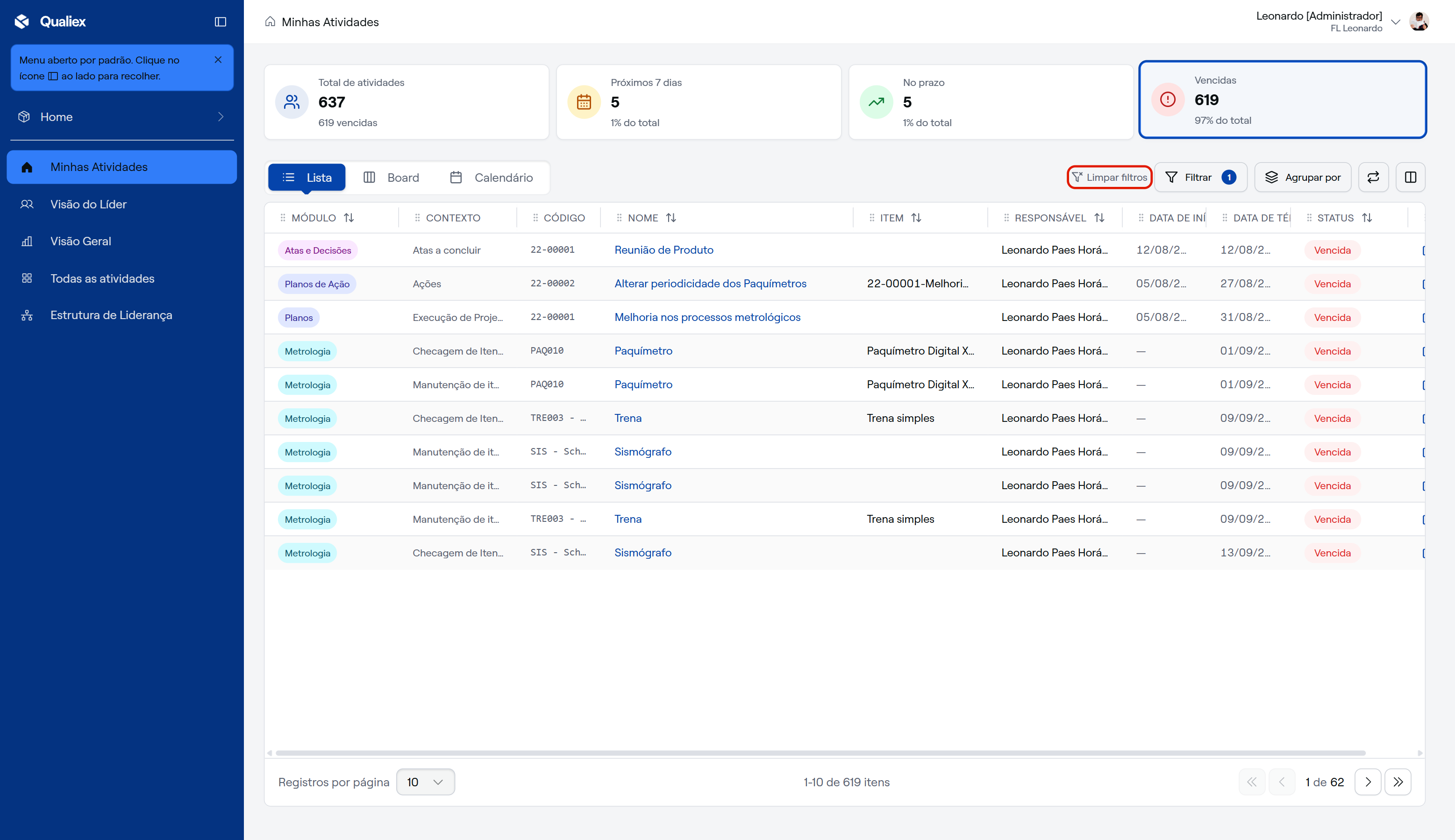 Lista filtrada pelo card Vencidas, com Filtrar 1 e Limpar filtros