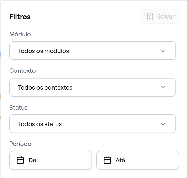 Painel Filtros de Minhas Atividades com Módulo, Contexto, Status e Período