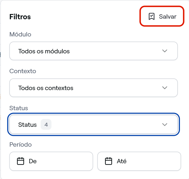 Filtro de Status alterado, antes de clicar em Salvar
