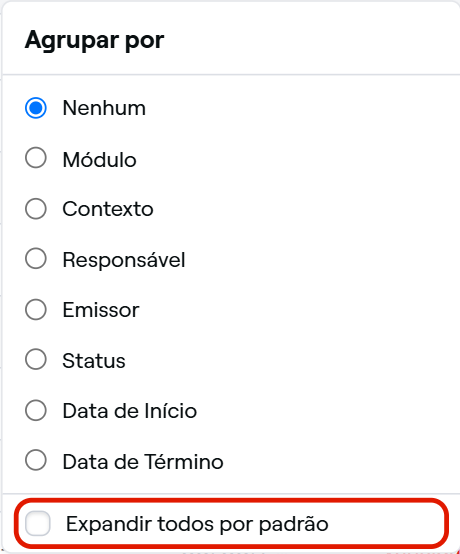 Opções de Agrupar por, com Expandir todos por padrão