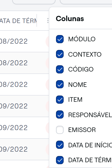 Lista de colunas com Selecionar todas e Redefinir padrão