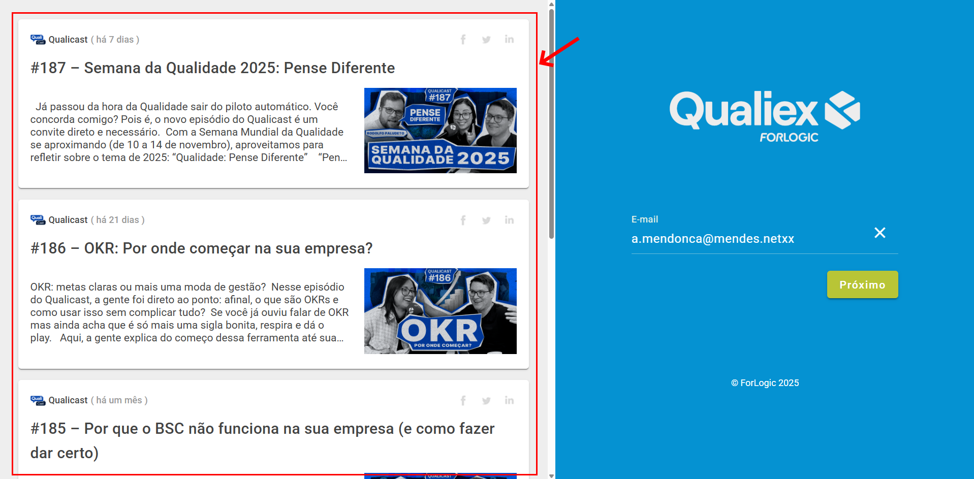 Tela de login do Qualiex, com o painel azul de acesso à direita e os artigos do Blog da Qualidade e do Qualicast à esquerda
