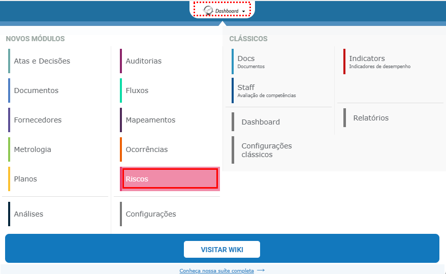 Painel do seletor de módulos aberto, com os grupos NOVOS MÓDULOS e CLÁSSICOS e o item Riscos destacado