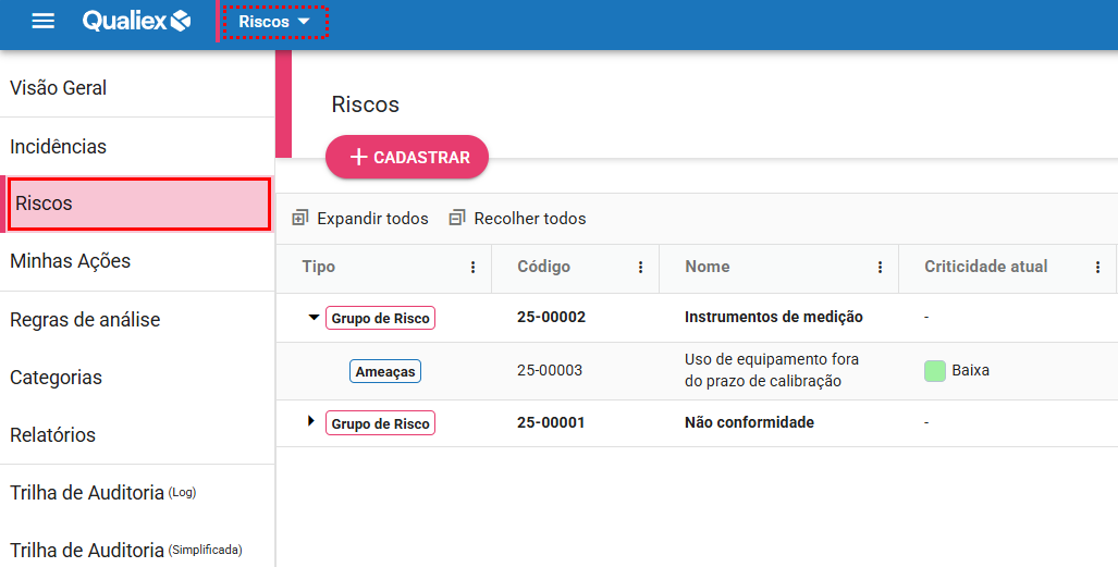 Tela inicial do módulo Riscos, com o menu lateral aberto, o botão CADASTRAR e a árvore de grupos e riscos