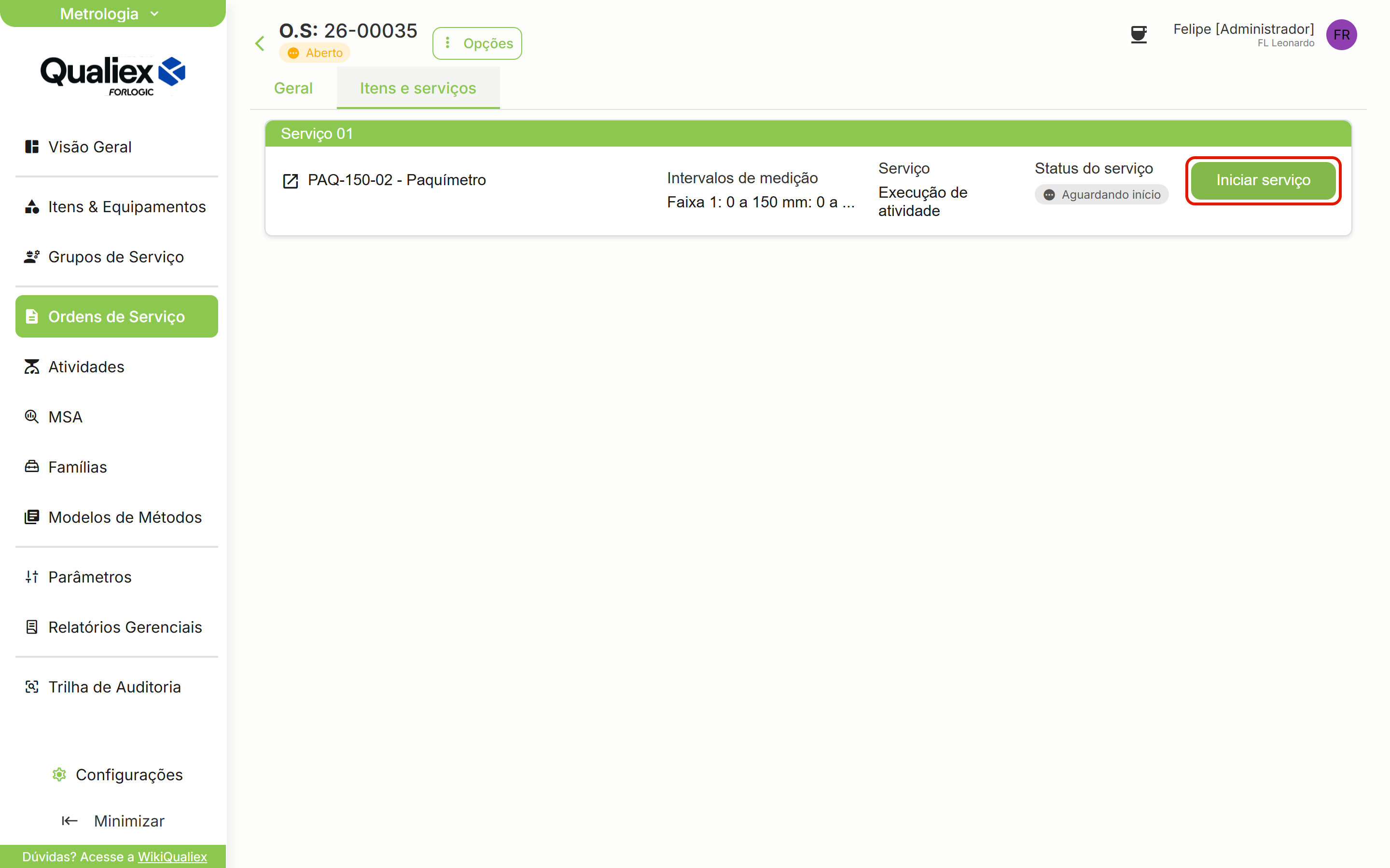 Item com o botao iniciar servico