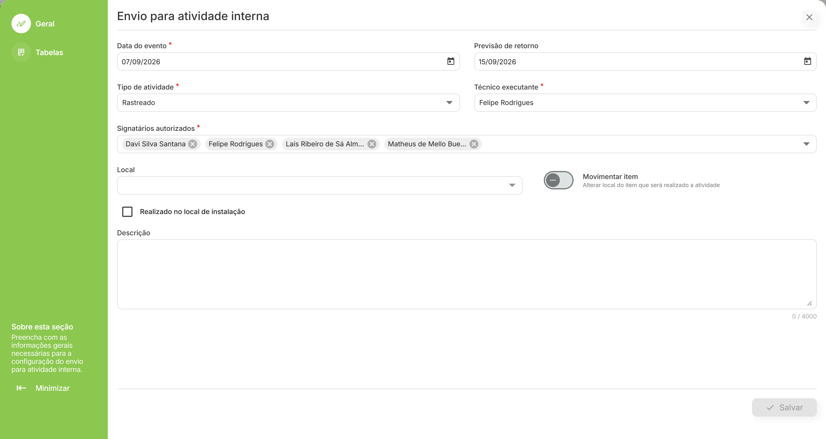 Formulario envio para atividade interna