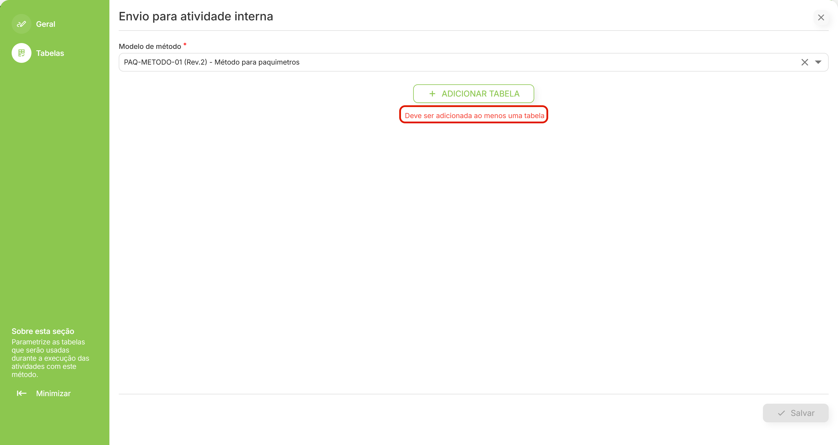 Modelo de metodo selecionado e o aviso de tabela