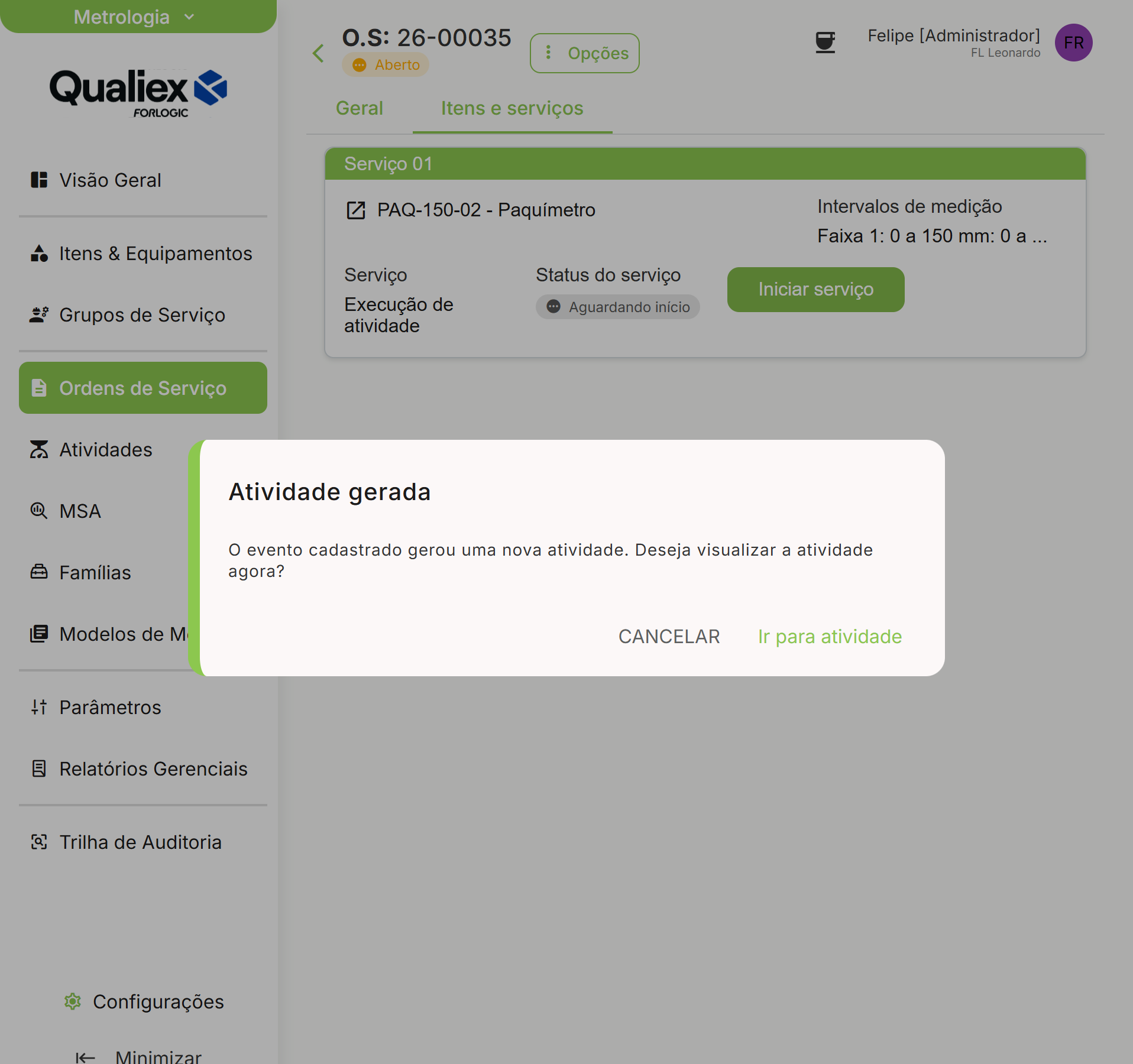 Item em andamento apos o envio