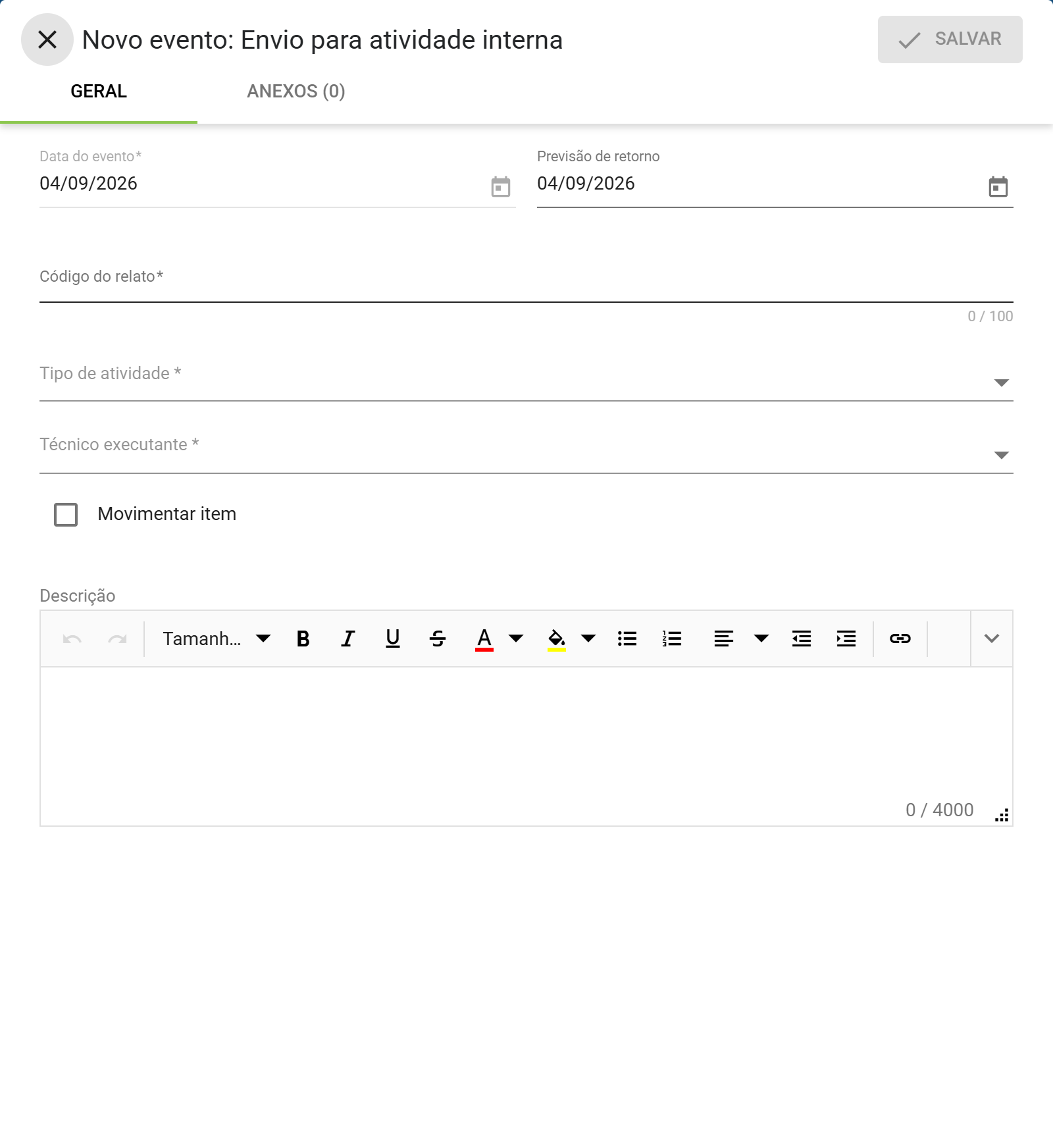 Formulario novo evento envio para atividade interna