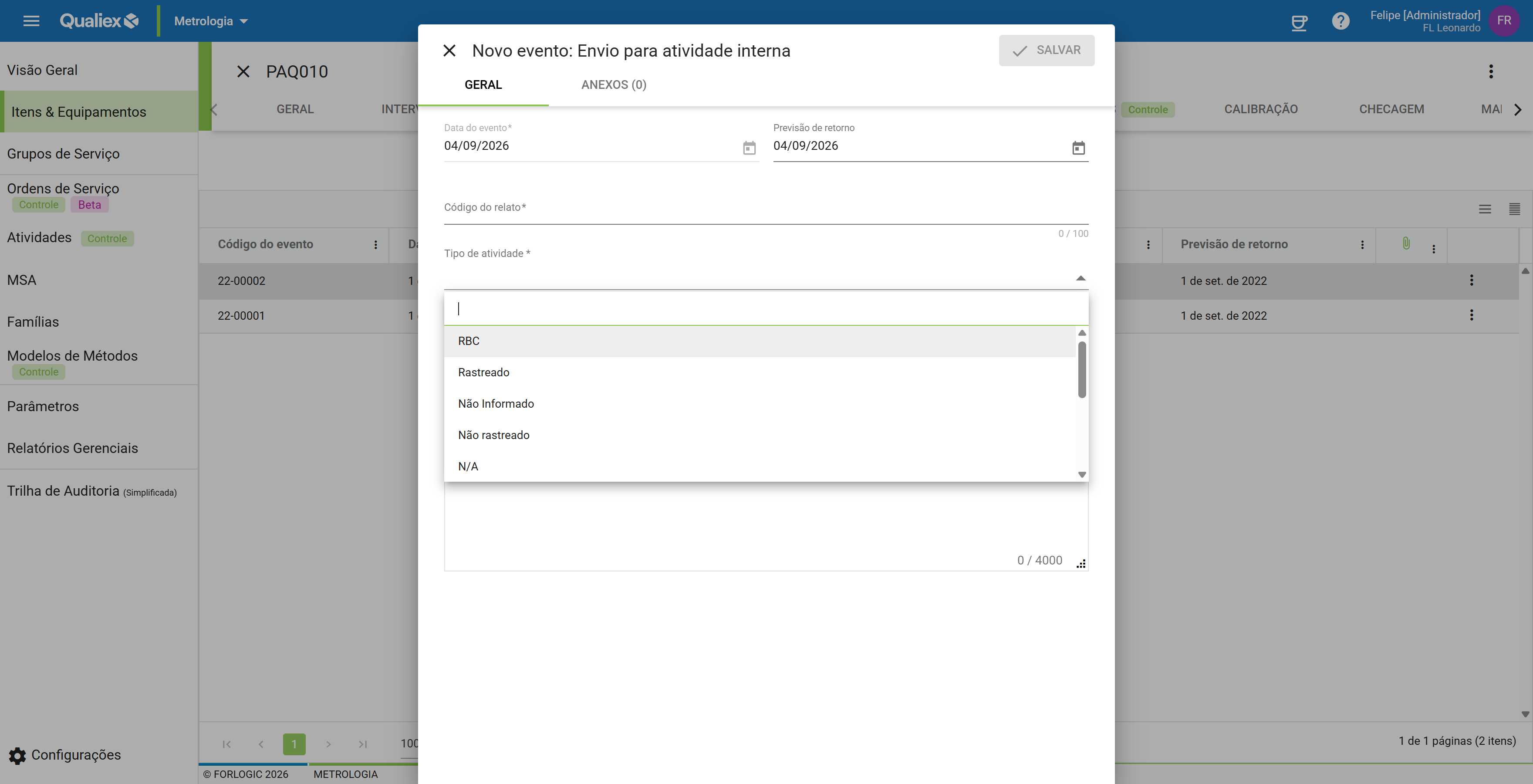 Lista de tipos de atividade
