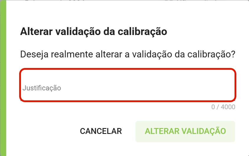 Dialogo alterar validacao da calibracao