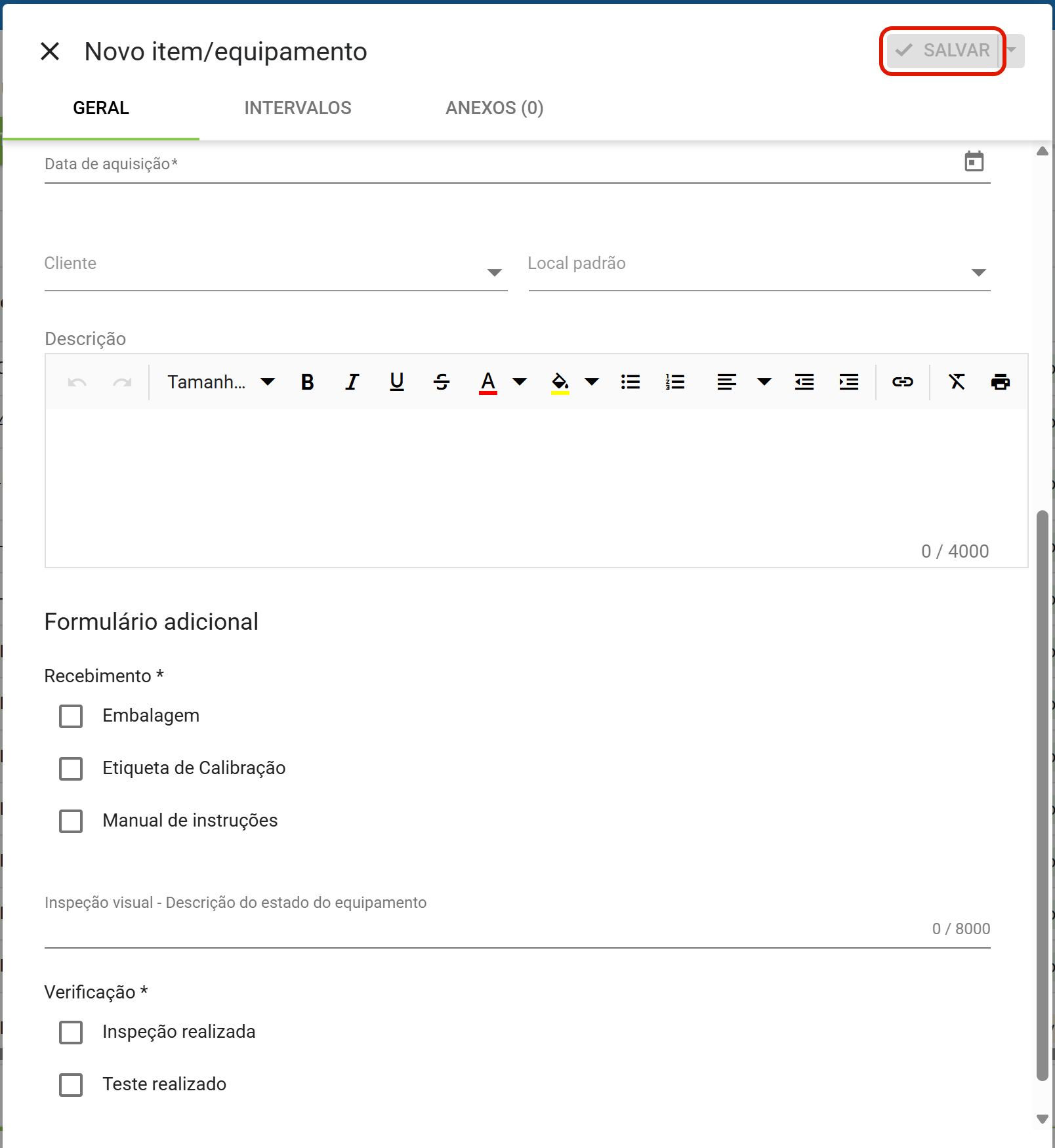 Salvar bloqueado enquanto falta campo obrigatorio