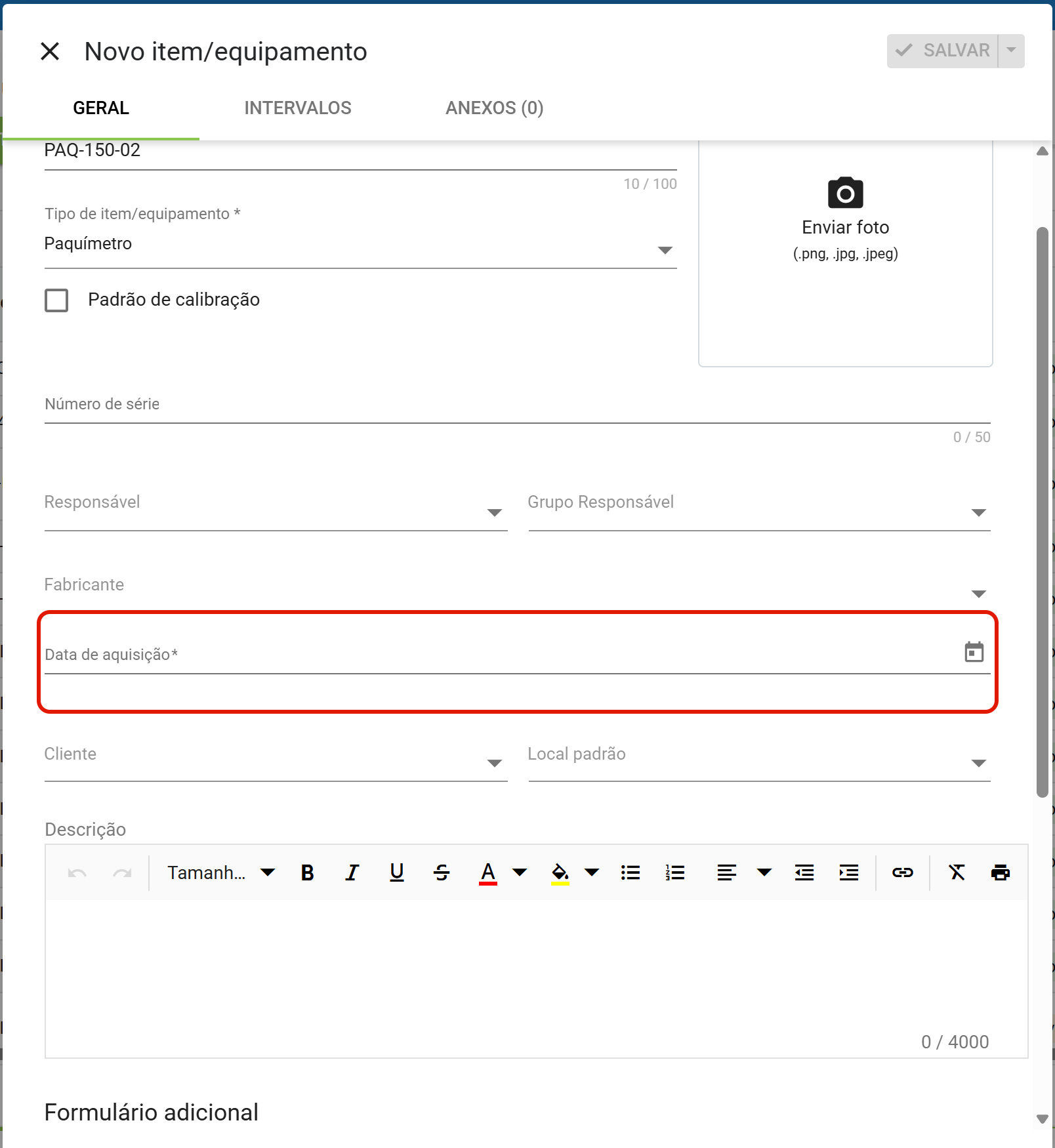 Data de aquisicao obrigatoria para o tipo paquimetro