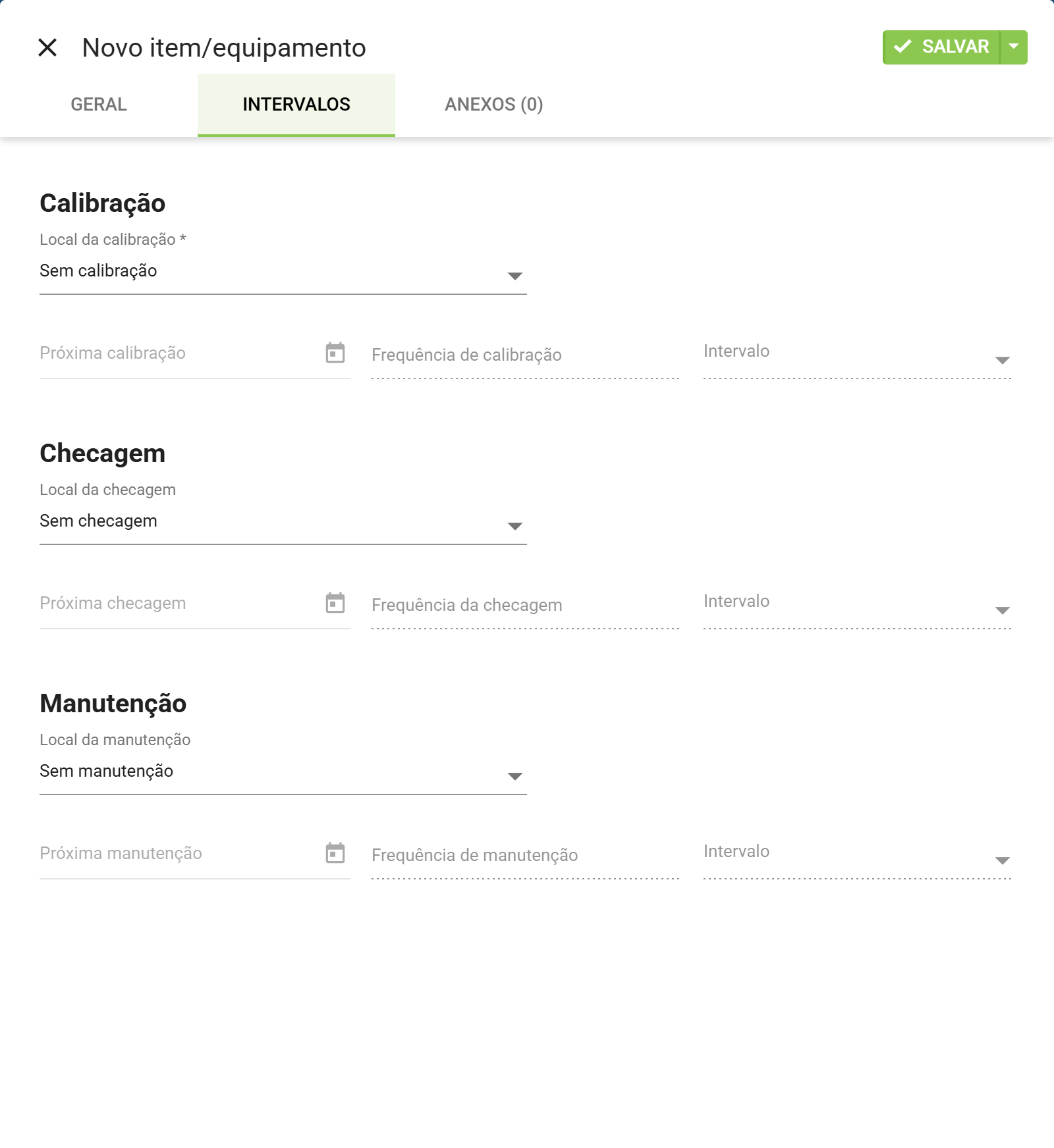 Aba intervalos do cadastro