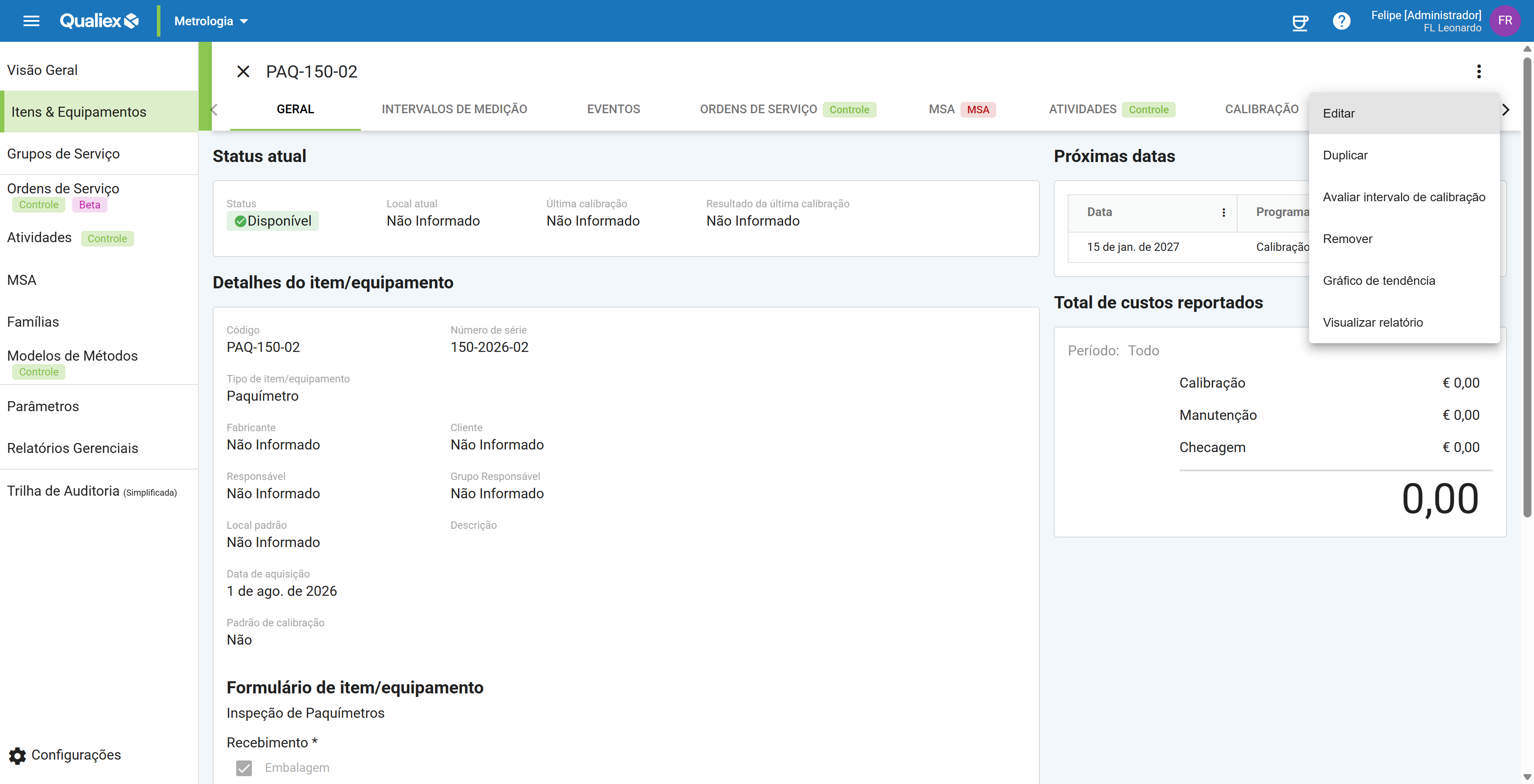 Menu de opcoes da ficha tem seis itens