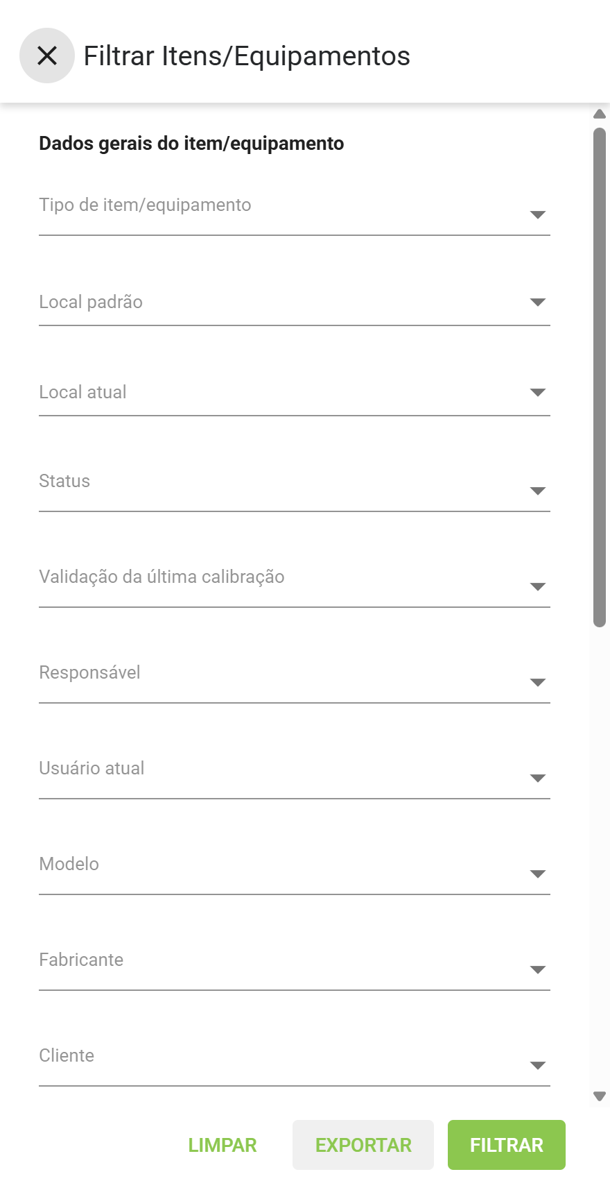 Painel de filtros