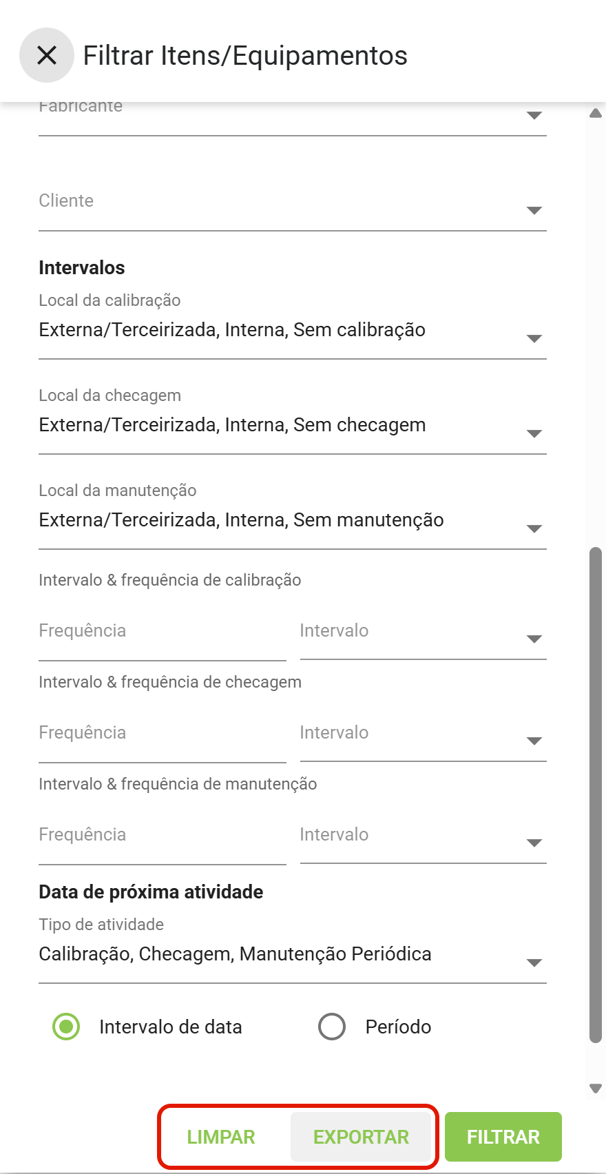 Botoes limpar e exportar