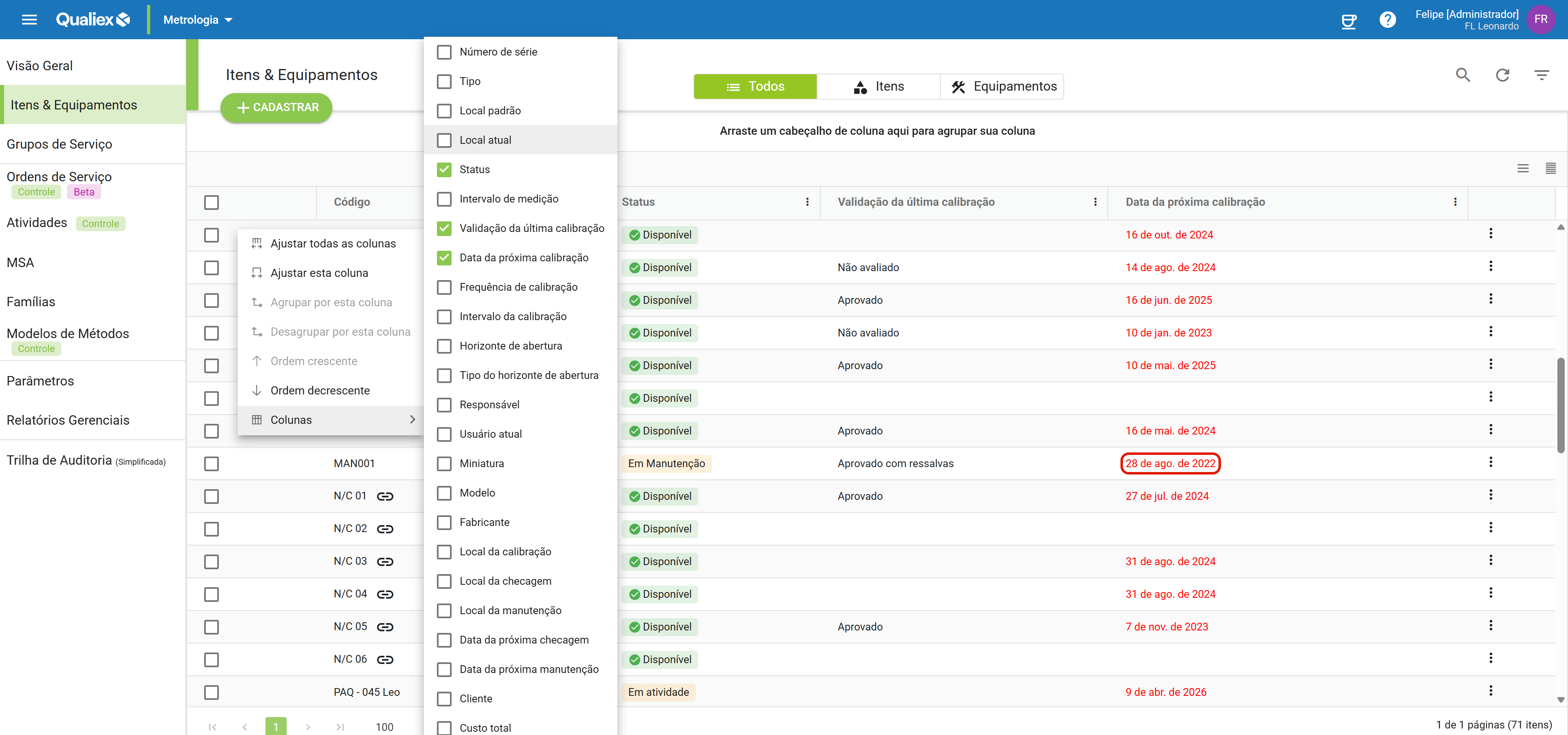 Datas vencidas em vermelho